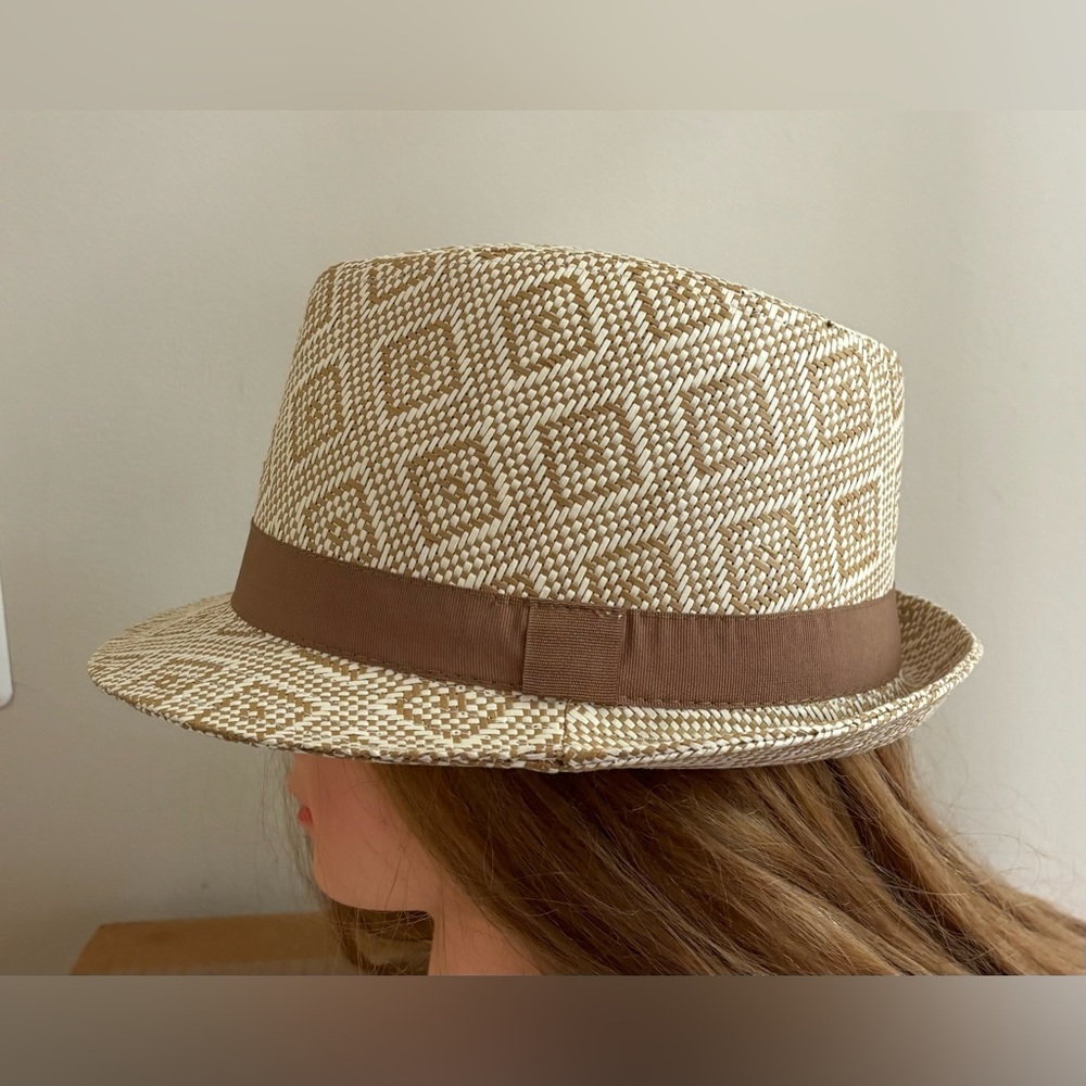 Old Navy New Tan Geometric Tribal Printing Straw Trilby Fedora Hat